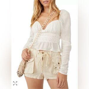 Free People Chloe Smocked Tie Back Top Cotton Summer Blouse Puff Sleeves